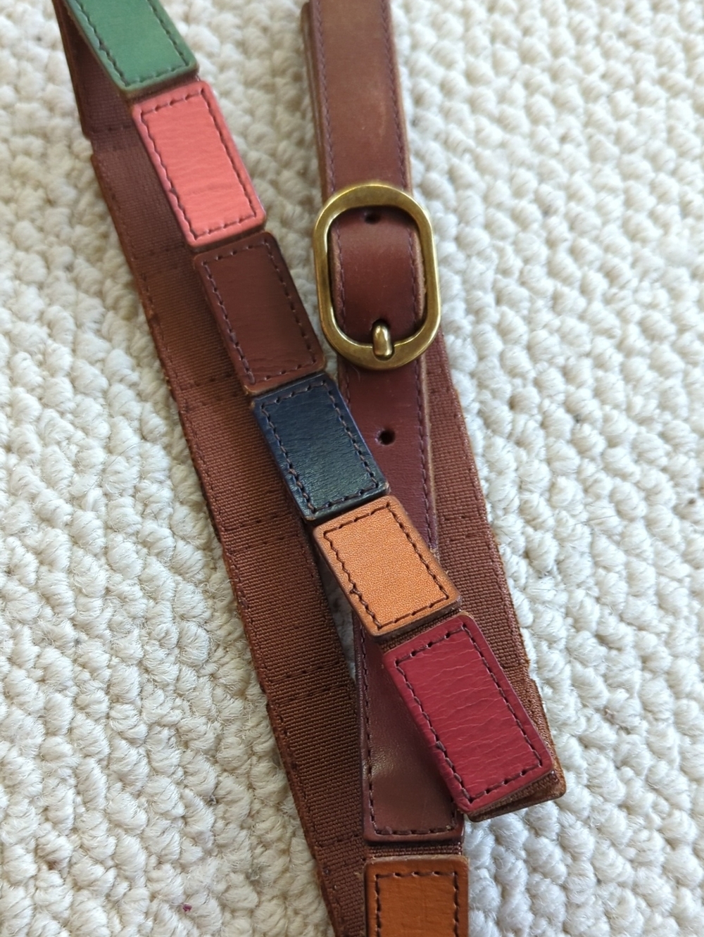 Fossil Brown Leather Belt with Multicolor Patch Accents